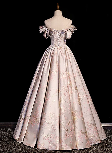 Exquisite A Line Off The Shoulder Pink Sweetheart Statin Applique Floral Long Prom Dress, Evening Dress GG234