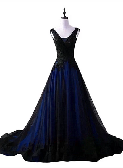 Elegant A Line Black and Blue V-neckline Lace Applique Sweep Long Prom Dress,Evening Dress GG235