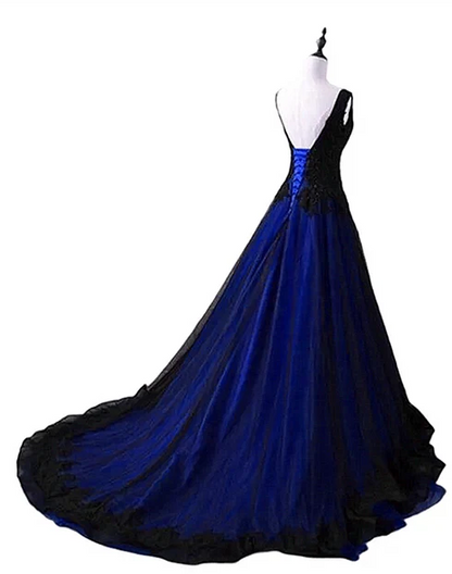 Elegant A Line Black and Blue V-neckline Lace Applique Sweep Long Prom Dress,Evening Dress GG235