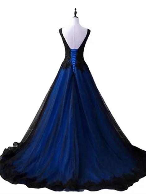 Elegant A Line Black and Blue V-neckline Lace Applique Sweep Long Prom Dress,Evening Dress GG235