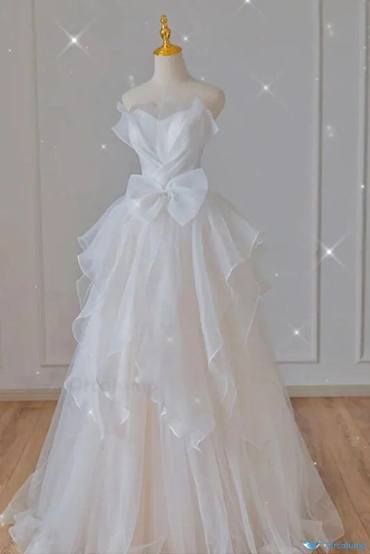 Cute A Line Strapless White Chiffon Tulle Long Prom Dress,Party Dress,Evening Dress GG2360