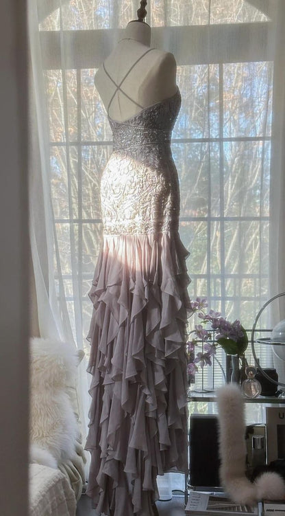 Gorgeous Mermaid Spaghetti Straps Satin Chiffon Beaded Long Prom Dress,Party Dress,Evening Dress GG2361