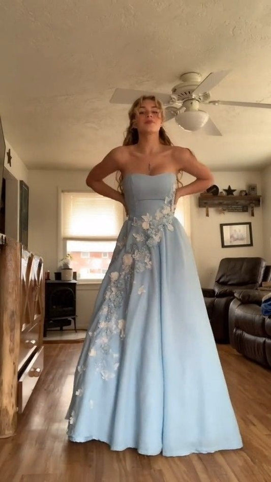 Pretty A Line Strapless Pale Blue Satin Applique Long Prom Dress,Party Dress,Evening Dress GG2369