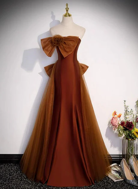 Elegant Mermaid Strapless Brown Tulle and Satin Long Prom Dress,Evening Dress GG236