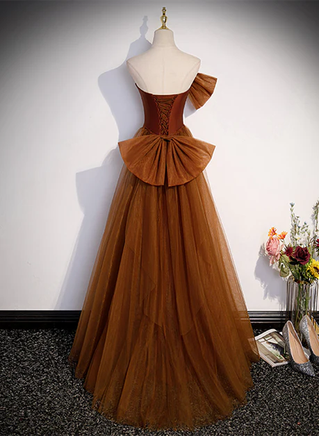 Elegant Mermaid Strapless Brown Tulle and Satin Long Prom Dress,Evening Dress GG236