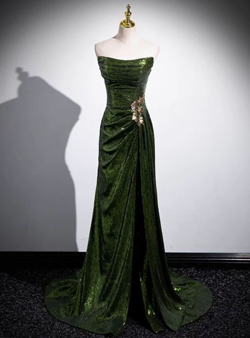 Stunning Mermaid Strapless Green Sequin Slit Long Prom Dress,Party Dress,Evening Dress GG2378