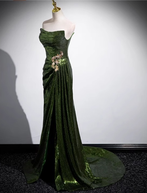 Stunning Mermaid Strapless Green Sequin Slit Long Prom Dress,Party Dress,Evening Dress GG2378
