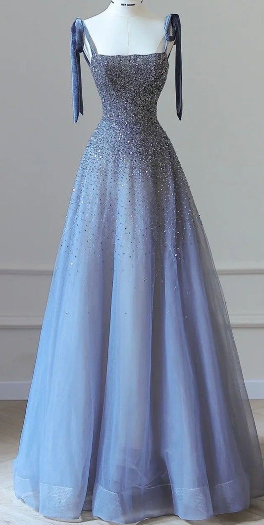 Stunning A Line Spaghetti Straps Tulle Beaded Long Prom Dress,Party Dress,Evening Dress GG2380