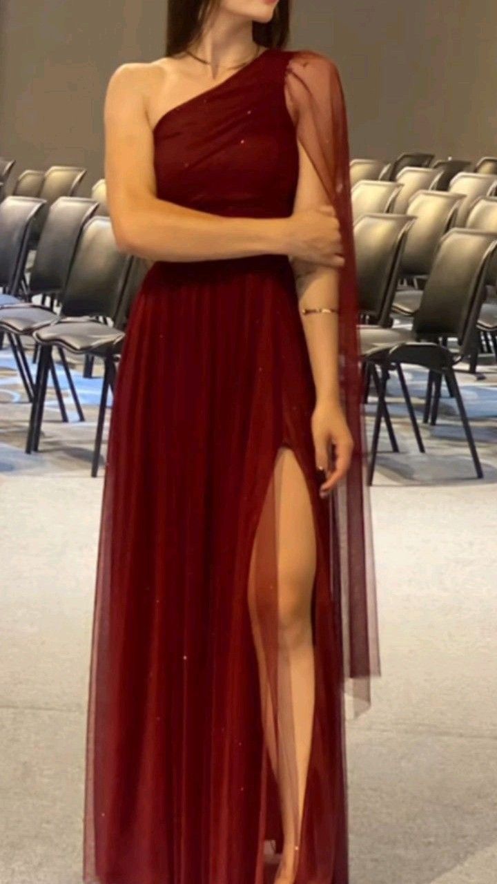 Vintage A Line One Shoulder Burgundy Tulle Long Prom Dress,Party Dress,Evening Dress GG2383