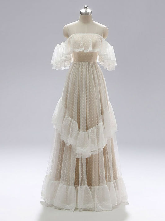 Classy A Line Off The Shoulder Tulle Lace Long Prom Dress,Party Dress,Evening Dress GG2387