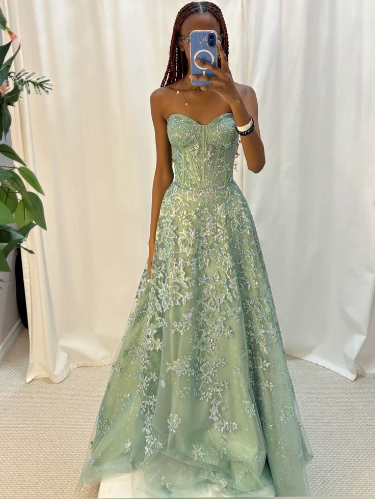 Gorgeous A Line Strapless Sage Satin Tulle Applique Long Prom Dress,Party Dress,Evening Dress GG2389