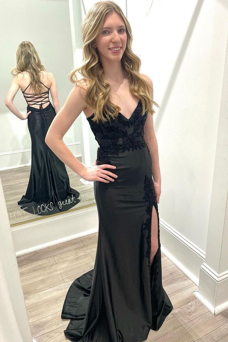 Classy Mermaid Spaghetti Straps Black Satin Applique Slit Long Prom Dress,Party Dress,Evening Dress GG2392