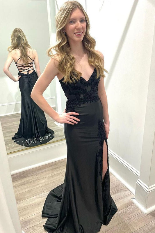 Classy Mermaid Spaghetti Straps Black Satin Applique Slit Long Prom Dress,Party Dress,Evening Dress GG2392
