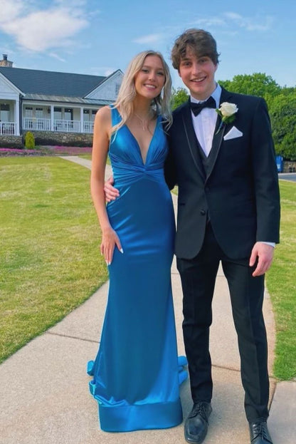 Elegant Mermaid V Neck Blue Satin Long Prom Dress,Party Dress,Evening Dress GG2396