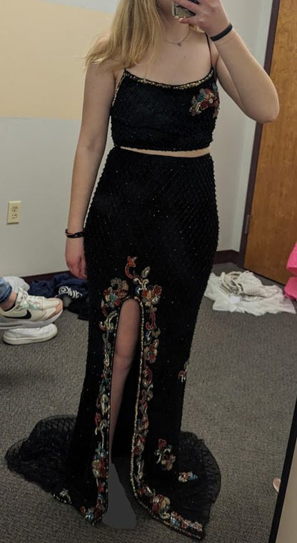 Gorgeous Mermaid Spaghetti Straps Black Tulle Sequin Beaded Applique Slit Prom Dress,Party Outfits GG2401