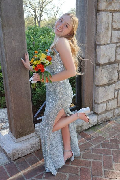 Gorgeous Mermaid Spaghetti Straps Sequin Slit Long Prom Dress,Party Dress,Evening Dress GG2402