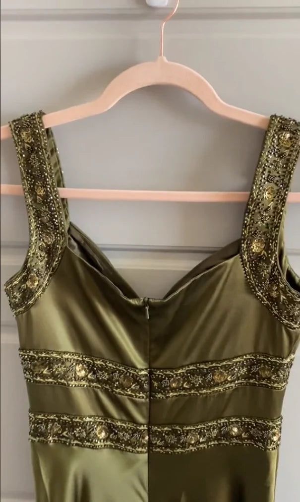 Olive Green Mermaid Beaded Straps Satin Long Prom Dress,Party Dress,Evening Dress GG2405