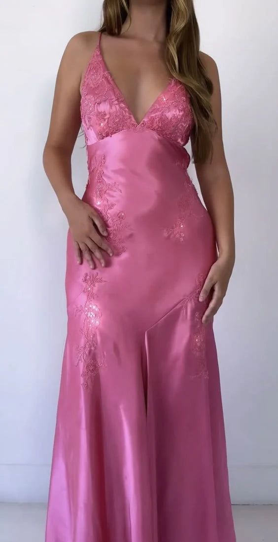 Classy Mermaid V Neck Satin Applique Long Prom Dress,Party Dress,Evening Dress GG2408