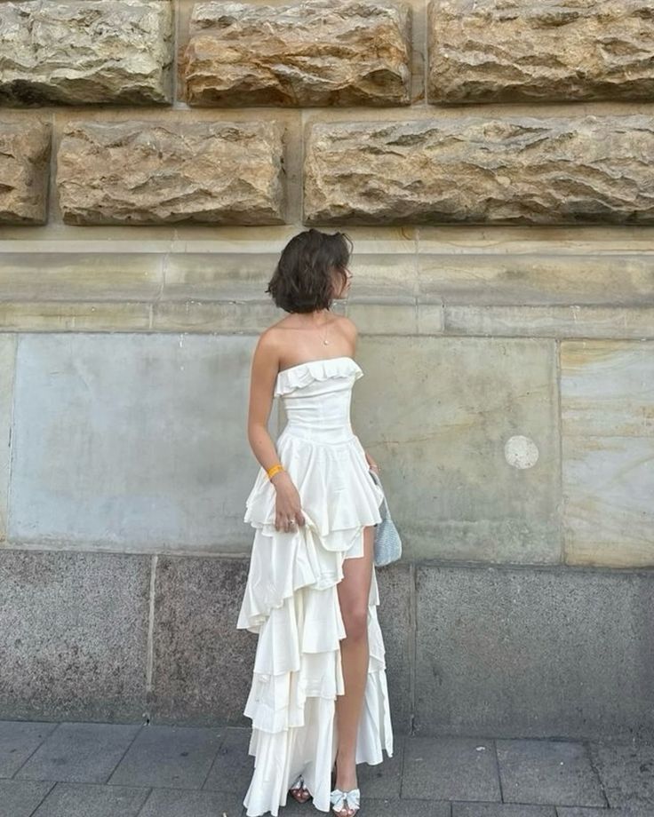Lovely A Line Strapless White Chiffon Ruffles Slit Long Prom Dress,Party Dress,Evening Dress GG2409