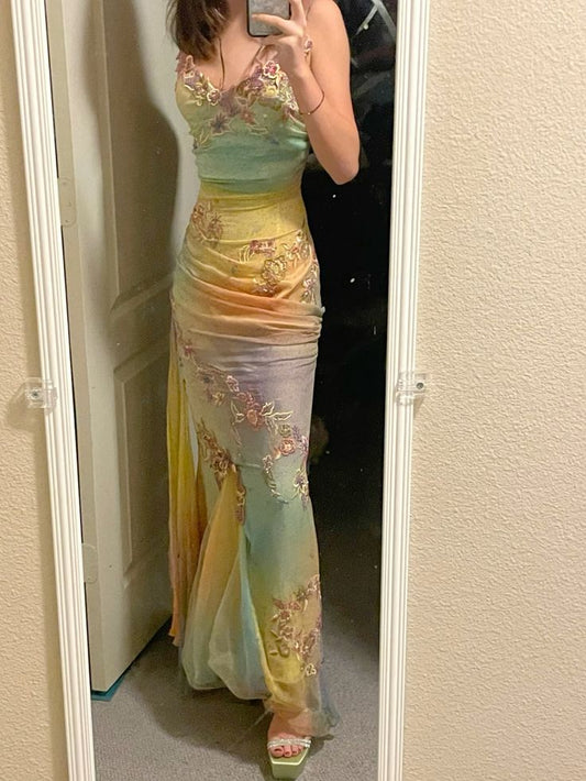 Colorful Gradient Mermaid Spaghetti Straps Chiffon Applique Long Prom Dress,Party Dress,Evening Dress GG2413