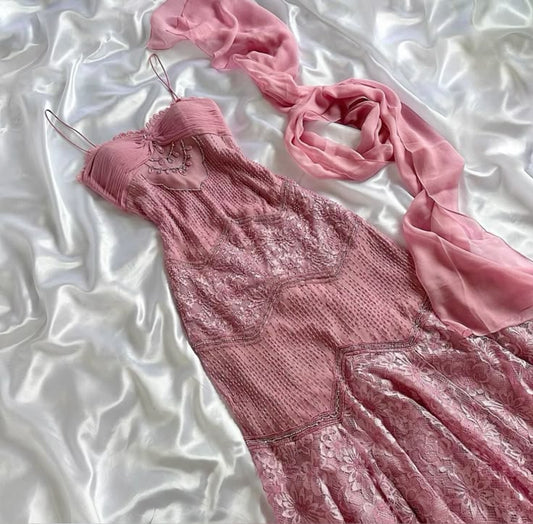 Stunning Mermaid Spaghetti Straps Dusty Rose Chiffon Lace Long Prom Dress,Party Dress,Evening Dress GG2414