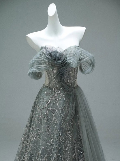 Classy A line Off The Shoulder Tulle Sequin Long Prom Dress, Party Dress, Evening Dress GG2418