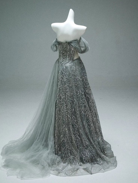 Classy A line Off The Shoulder Tulle Sequin Long Prom Dress, Party Dress, Evening Dress GG2418