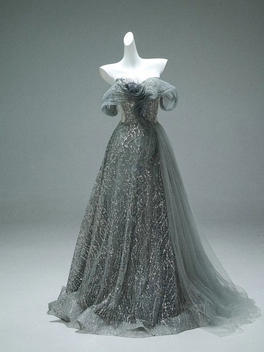 Classy A line Off The Shoulder Tulle Sequin Long Prom Dress, Party Dress, Evening Dress GG2418