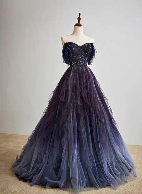 Chic A Line Sweetheart Purple Tulle Gradient With Beadings Long Prom Dresses,Purple Evening Dress  GG241