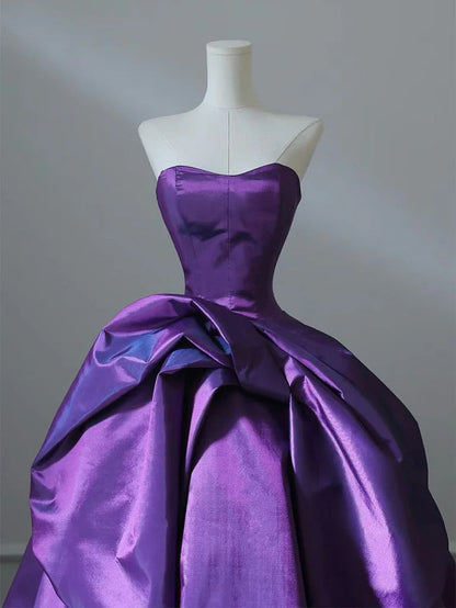 Unique  Ball Gown Strapless Purple Satin Long Prom Dress, Party Dress, Evening Dress GG2422