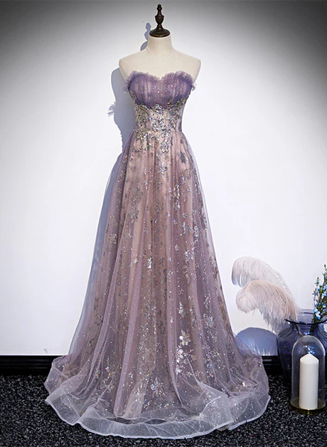 Chic A Line Sweetheart Light Purple Sequins Tulle With Lace Long Prom Dresses, Evening Dress  GG242