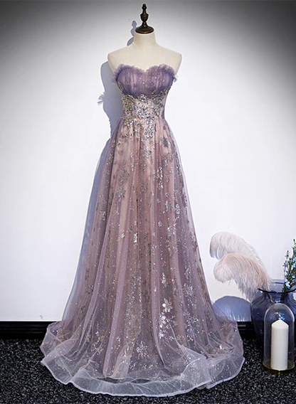 Chic A Line Sweetheart Light Purple Sequins Tulle With Lace Long Prom Dresses, Evening Dress  GG242