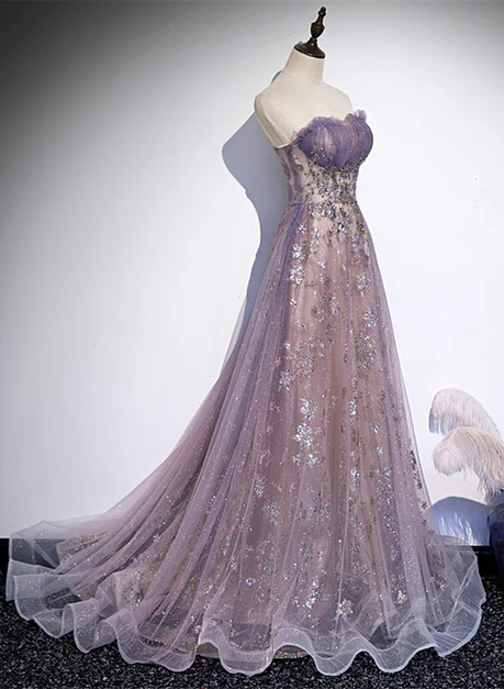 Chic A Line Sweetheart Light Purple Sequins Tulle With Lace Long Prom Dresses, Evening Dress  GG242