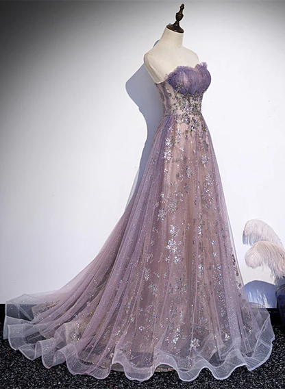 Chic A Line Sweetheart Light Purple Sequins Tulle With Lace Long Prom Dresses, Evening Dress  GG242