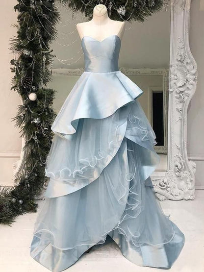 Cute A Line Strapless Pale Blue Satin Tulle Long Prom Dress, Party Dress, Evening Dress GG2430