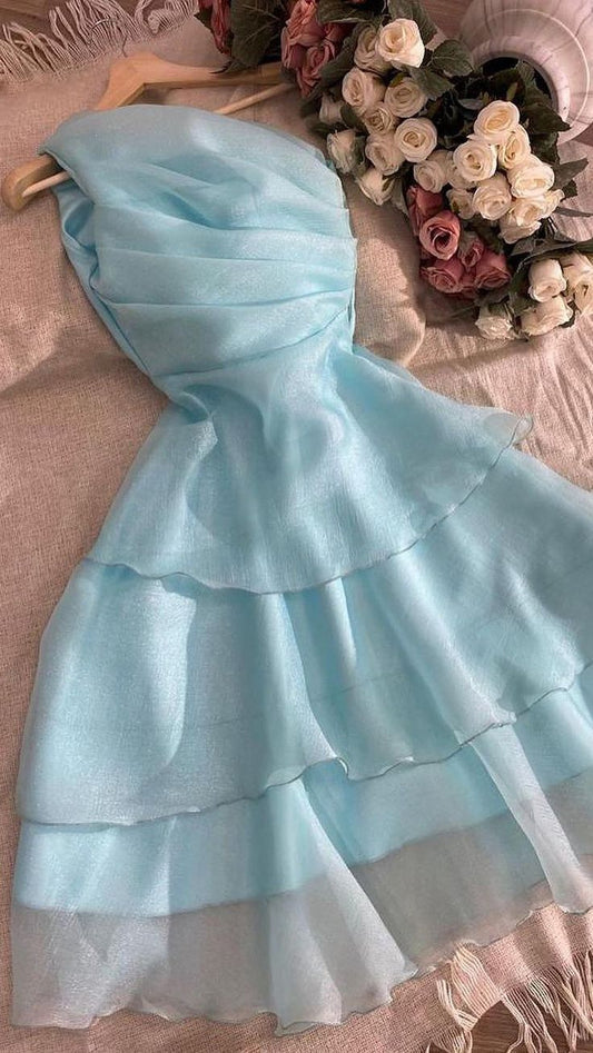 Cute A Line One Shoulder Pale Blue Chiffon Pleated Short Prom Dress,Homecoming Dress,Birthday Dress GG2436