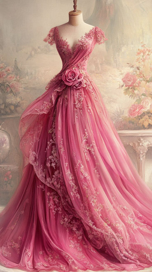 Gorgeous A Line V Neck Tulle Applique Flowers Long Prom Dress, Party Dress, Evening Dress GG2439