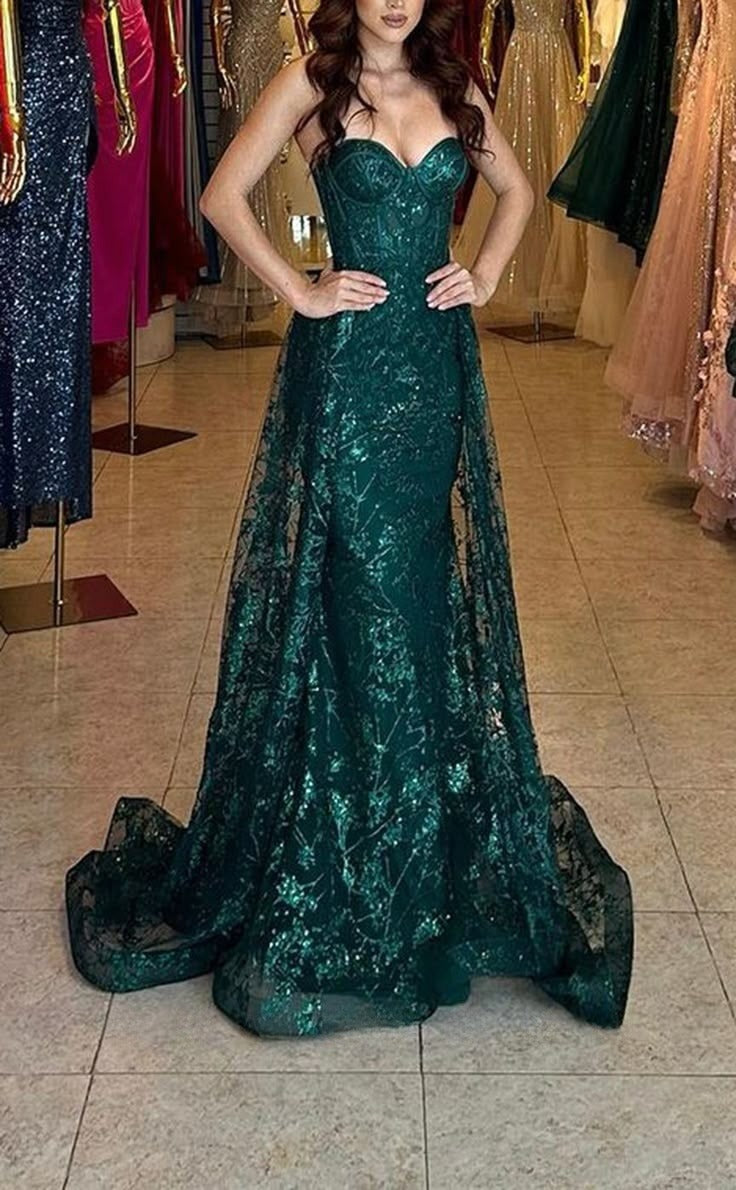 Stunning A Line Sweetheart Dark Green Satin Lace Long Prom Dress, Party Dress, Evening Dress GG2441