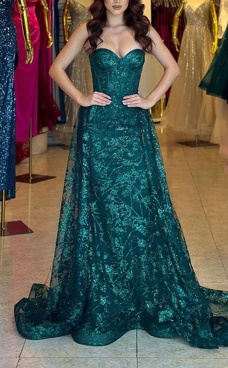 Stunning A Line Sweetheart Dark Green Satin Lace Long Prom Dress, Party Dress, Evening Dress GG2441