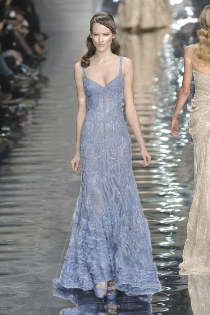 Stunning Mermaid Spaghetti Straps Tulle Beaded Long Prom Dress, Party Dress, Evening Dress GG2446