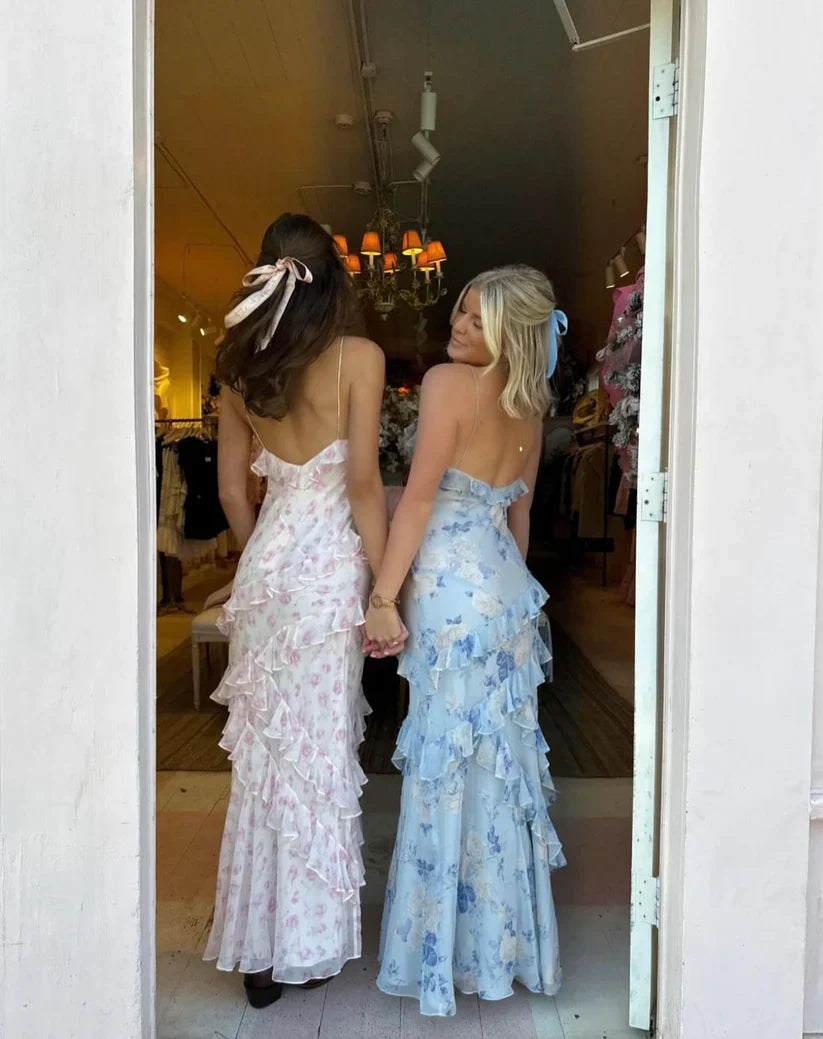 Fairy Mermaid Spaghetti Straps Chiffon Printing Ruffles Long Prom Dress, Party Dress, Evening Dress GG2449