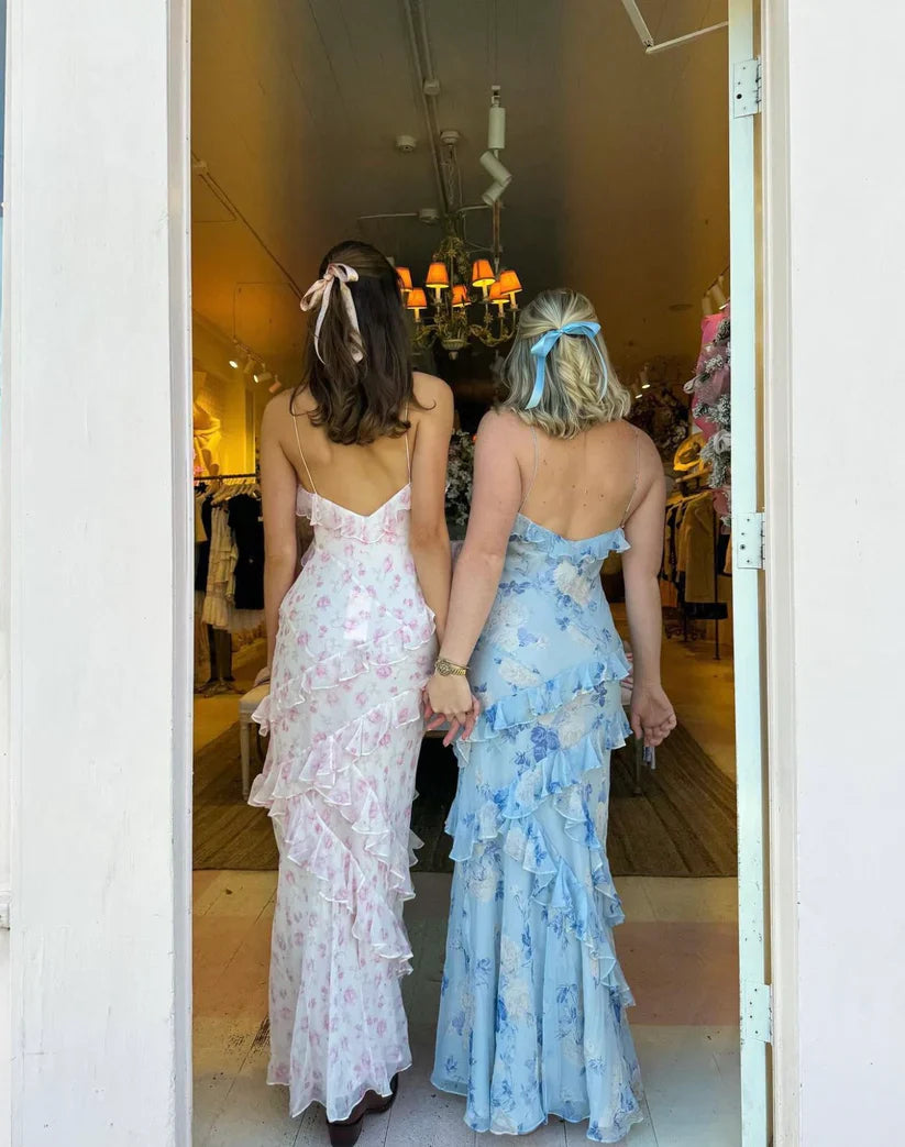 Fairy Mermaid Spaghetti Straps Chiffon Printing Ruffles Long Prom Dress, Party Dress, Evening Dress GG2449