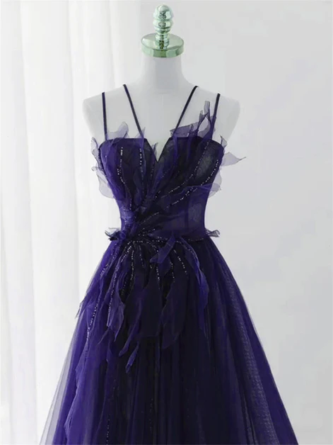 Chic A Line Spaghetti Straps Purple Tulle with Lace Applique Long Prom Dress, Evening Dress  GG244