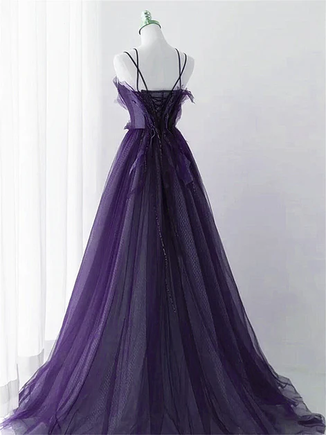 Chic A Line Spaghetti Straps Purple Tulle with Lace Applique Long Prom Dress, Evening Dress  GG244