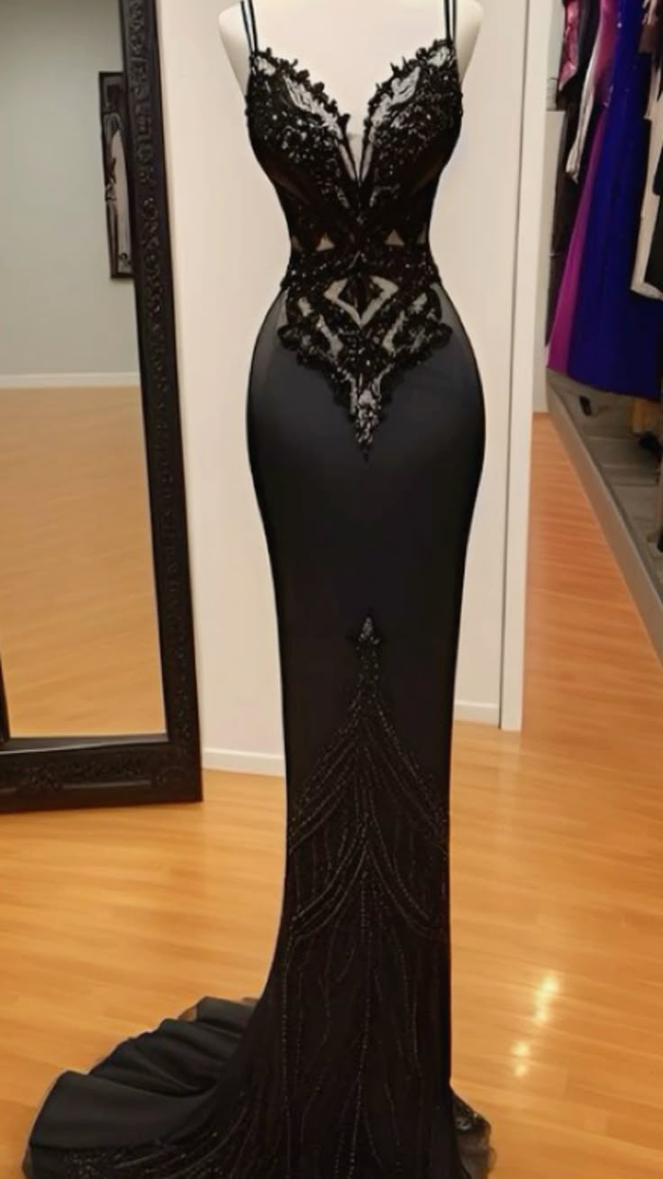 Sexy Mermaid Spaghetti Straps Black Satin Lace Long Prom Dress, Party Dress, Evening Dress GG2450