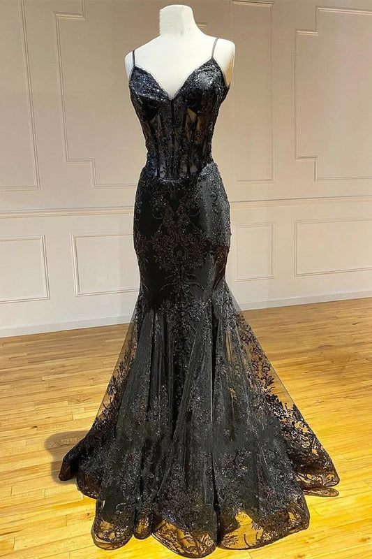 Stunning Mermaid Spaghetti Straps Tulle Lace Long Prom Dress, Party Dress, Evening Dress GG2451