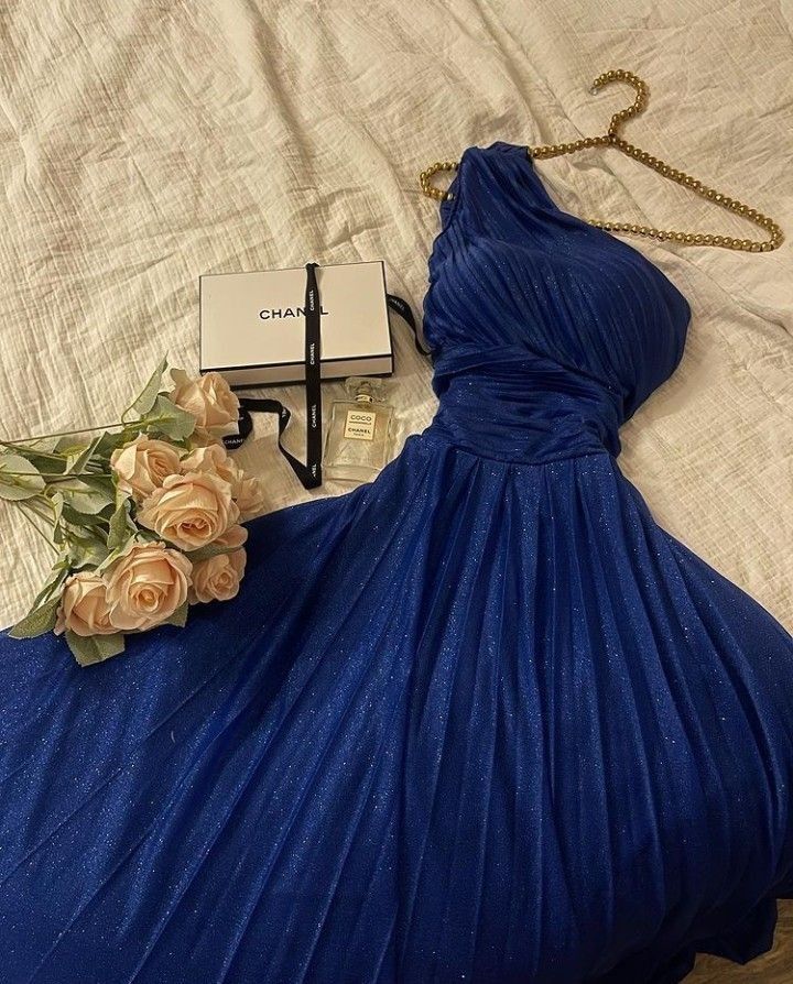 Glitter A Line One Shoulder Royal Blue Satin Sequin Long Prom Dress, Party Dress, Evening Dress GG2452
