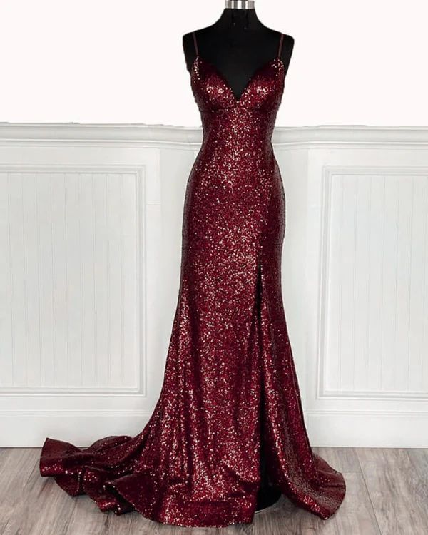 Stunning Mermaid Spaghetti Straps Burgundy Sequin Slit Long Prom Dress, Party Dress, Evening Dress GG2453