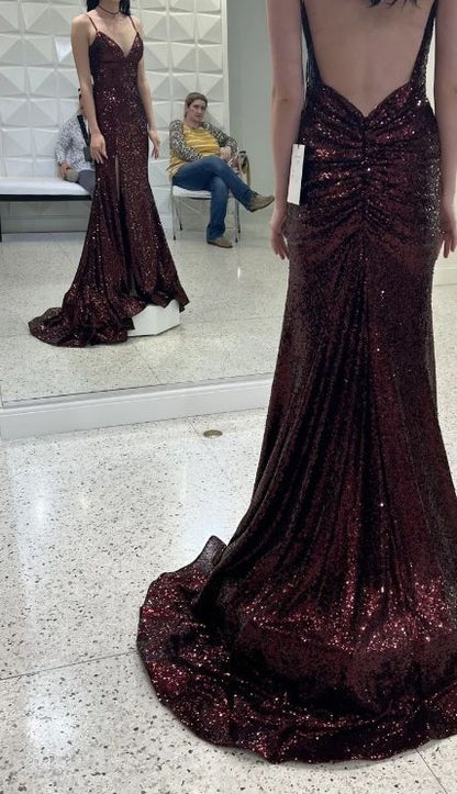 Stunning Mermaid Spaghetti Straps Burgundy Sequin Slit Long Prom Dress, Party Dress, Evening Dress GG2453
