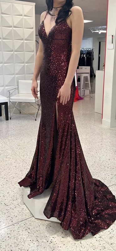 Stunning Mermaid Spaghetti Straps Burgundy Sequin Slit Long Prom Dress, Party Dress, Evening Dress GG2453